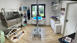 Salonbereich Blick in den Spabereich mit Badewanne, Trimmtisch und Shampoos von Dée Scherer Salon & Spa für Vierbeiner